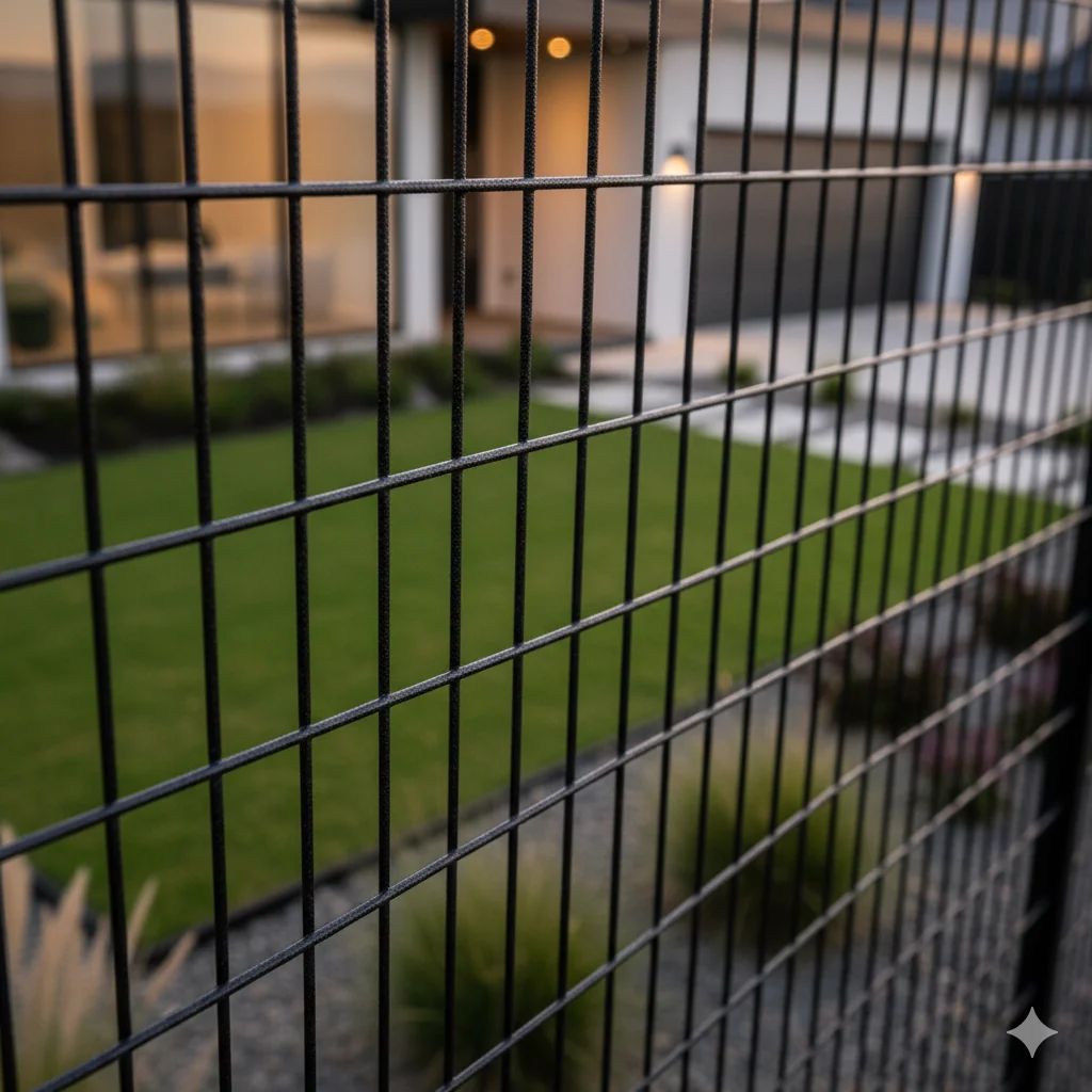 Extreme close-up of clearview mesh pattern showing high-quality wire weave and anti-climb design
